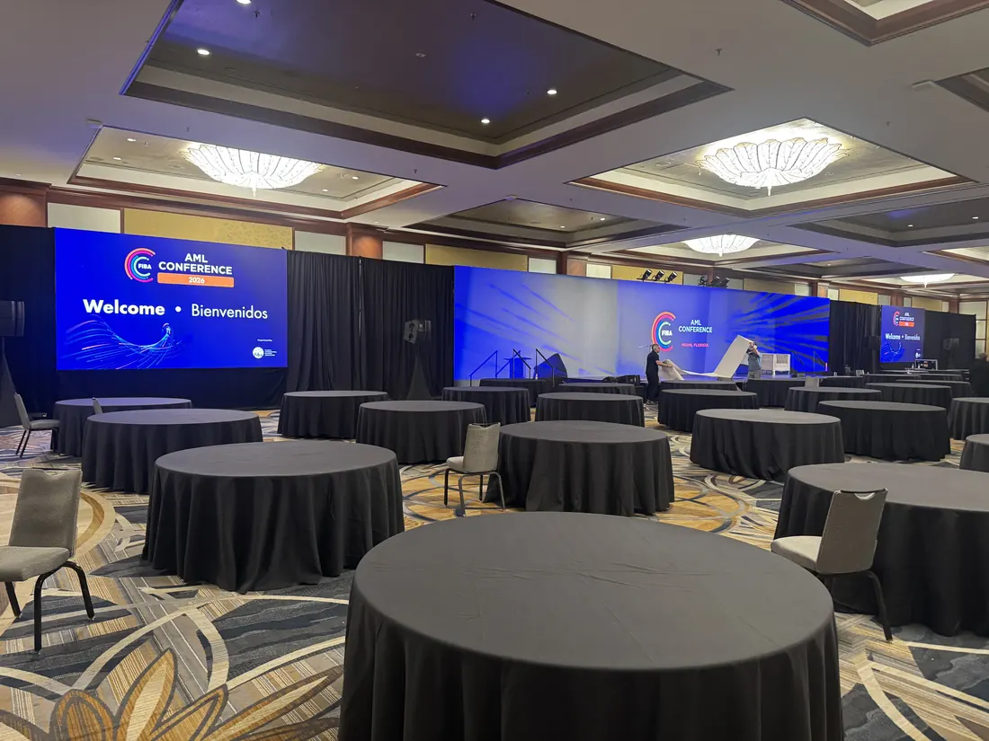 Conference ballroom with LED wall welcome screen at the InterContinental Miami
